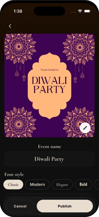 Creating an event called Diwali Party in the Hubb app