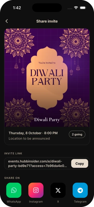 A Hubb event page for Diwali Party