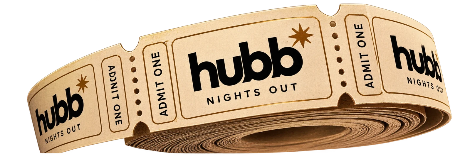 A roll of Hubb tickets reading Admit One, Nights Out